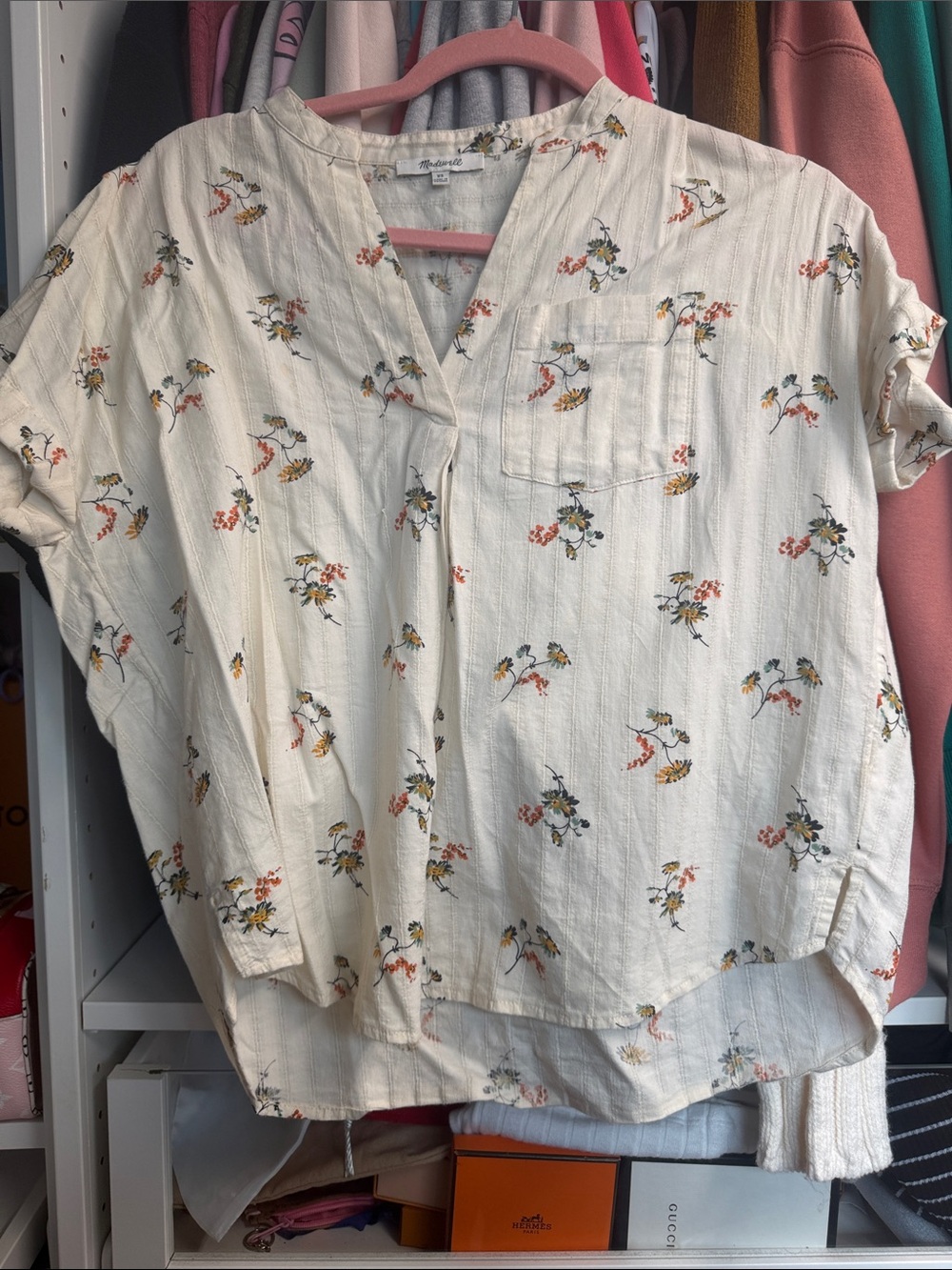 Madewell Cream Short-Sleeve Button-Down Shirt with Floral Print